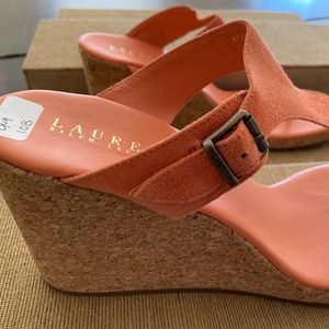 NIB LAUREN by Ralph Lauren Suede & Cork Wedges Peach Size 10 NEW